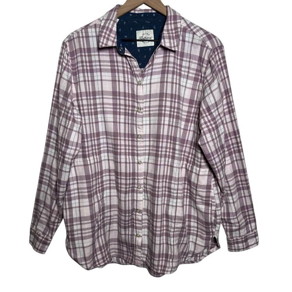 Jachs Girlfriend Womens Large Flannel Plaid Shirt Purple Pearl Snap Button Fall